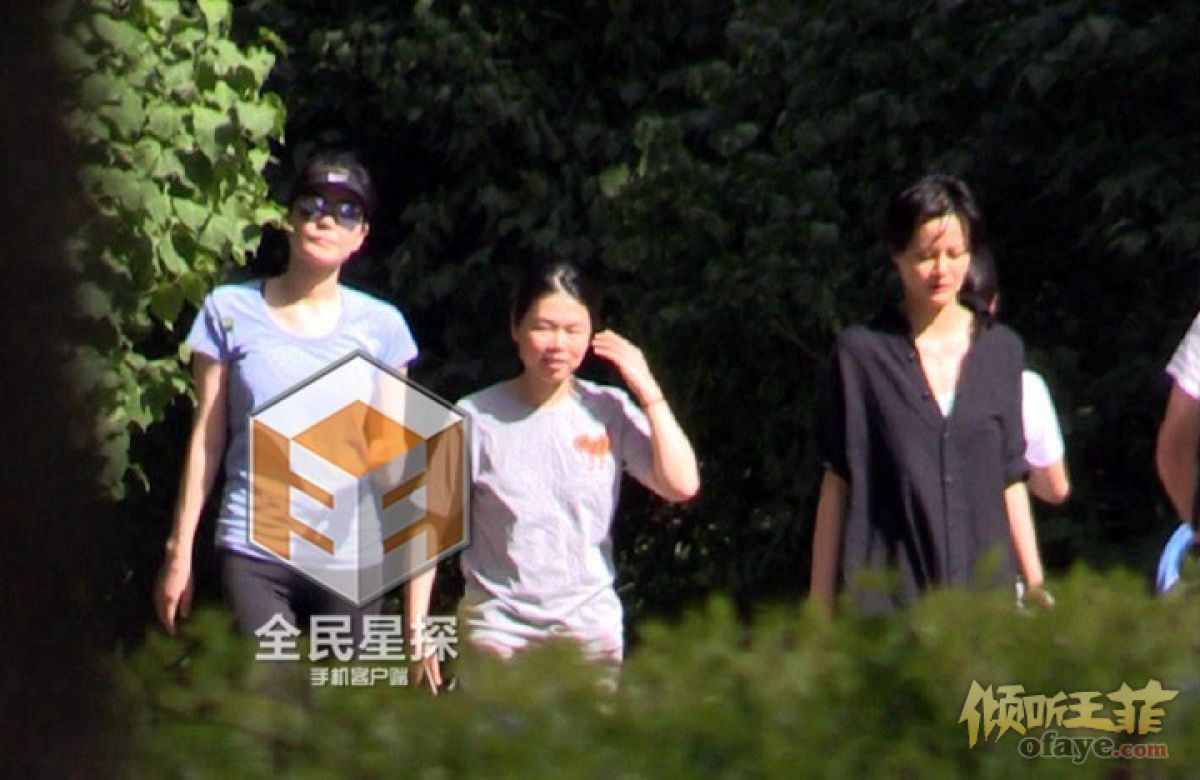 王菲同友人公园散步 小腹平坦无孕相